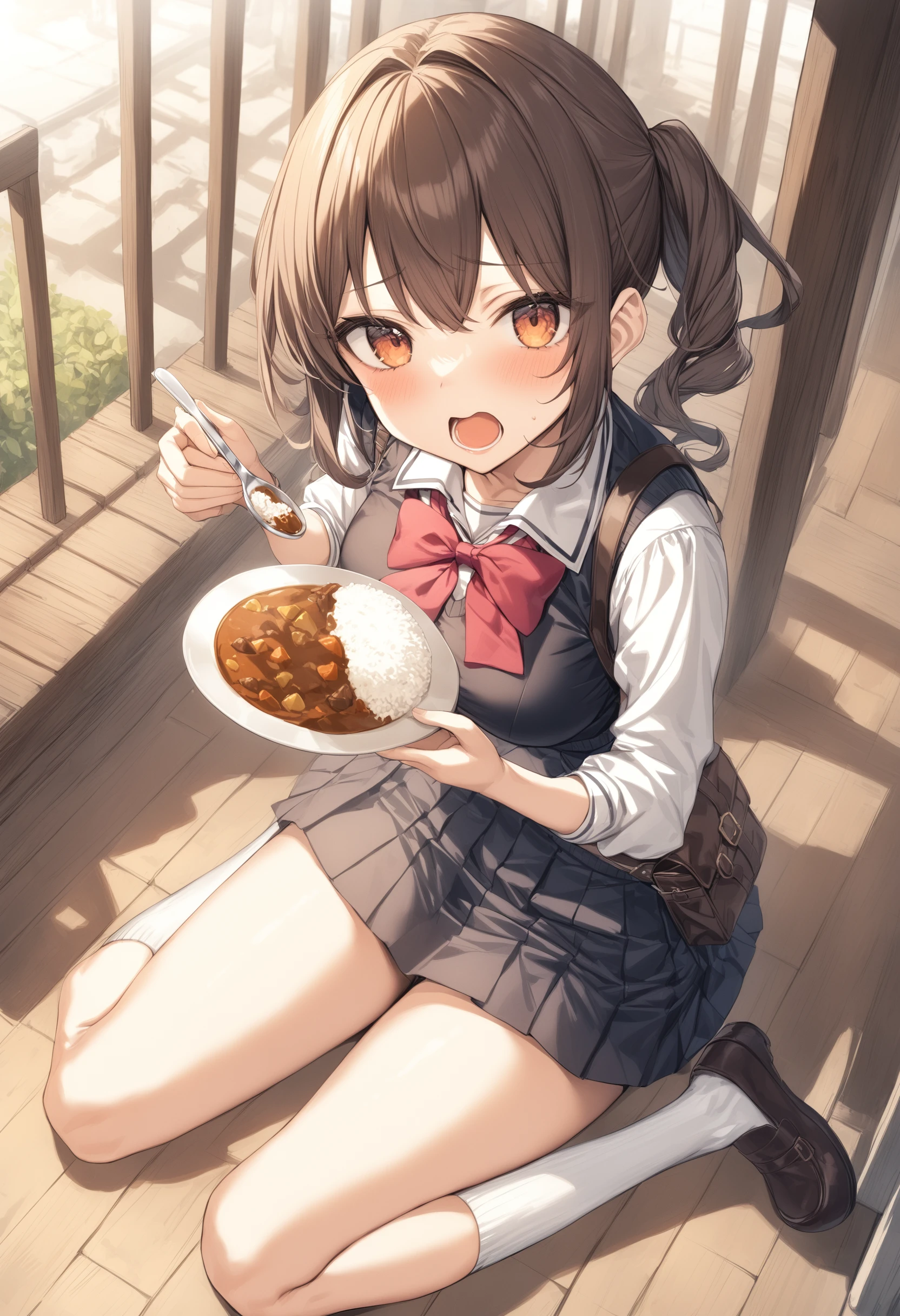 1girl, <lora:sdxl2-flat2-512b:-1>,medium breasts,school uniform,
<lora:curryrice_XL_v1:0.8>,curry rice ,solo, food, curry, rice, holding spoon, eating,
from above, full body, looking at viewer, furled brow, courtyard, open mouth,
best quality,medium quality,