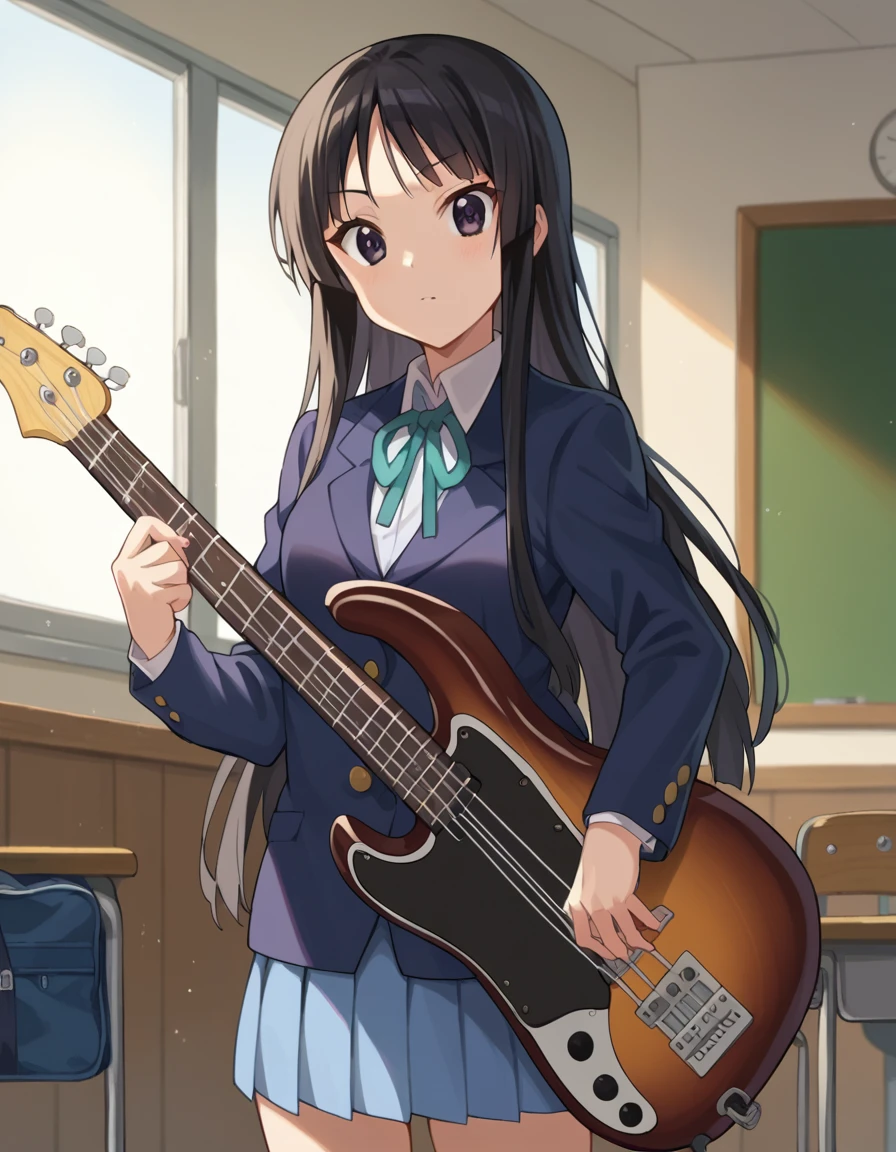 score_9, score_8_up, score_7_up, source_anime,
mioakiyama, <lora:mio-akiyama-ponyxl-lora-nochekaiser:1>,
mio akiyama, long hair, bangs, black hair, black eyes, hime cut,
sakuragaoka high school uniform, school uniform, uniform, blazer, shirt, white shirt, collared shirt, skirt, pleated skirt,
indoors, classroom,
looking at viewer, dutch angle, cowboy shot, dynamic pose, guitar, bass, guitar case,