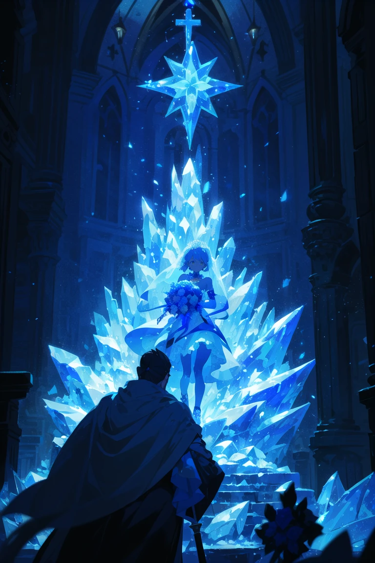 (magic staff, (holding magic staff), enchant, dynamic pose), (blue ice magic), (ice swirling around the character), Glacier, mature,  asymmetrical hair,    [scared face|happy face],          lovely small breasts,  wedding dress, veil, earrings, holding bouquet,  (in the church), church interior, notes, (the Bible),