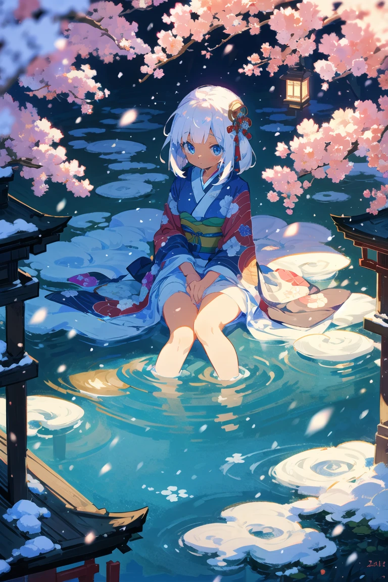 hand between legs, petite, medium hair, blunt bangs, lovely large breasts, (sexy kimono), (erotic), lake of the isles, (white particles, snowing), (japan, japanese culture),