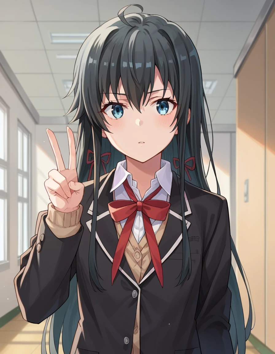 score_9, score_8_up, score_7_up, source_anime,
yukinoyukinoshita, <lora:yukino-yukinoshita-ponyxl-lora-nochekaiser:1>,
yukino yukinoshita, black hair, blue eyes, long hair, ahoge,
blazer, cardigan, jacket, plaid, plaid skirt, school uniform, skirt, sobu high school uniform,
indoors, classroom, hallway,
looking at viewer, dutch angle, cowboy shot, dynamic pose, peace sign,