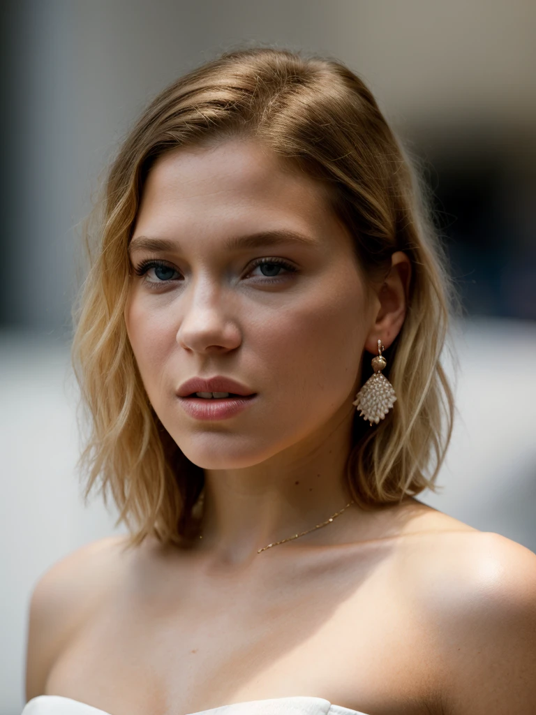 A beautiful l34s3y woman, 1girl,blue eyes,blonde hair,dress,bare shoulders,jewelry,upper body,earrings,parted lips,teeth,solo focus,white dress,blurry,lips,realistic,soft lighting, professional Photography, Photorealistic, detailed, RAW, analog, sharp focus, 8k, HD, high quality, masterpiece<lora:l34s3y:1.0>