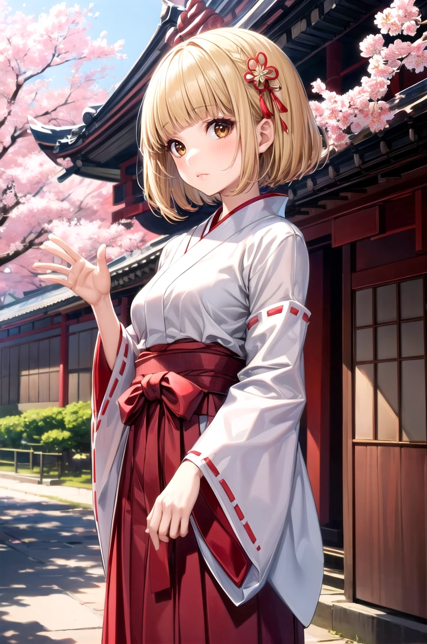 (masterpiece, best quality, detailed), 1girl, solo, looking at viewer,
<lora:MidorikawaHanaV8:0.9> midorikawa hana, miko, japanese clothes, red hakama, white kimono, ribbon trim, outdoors, waving, hand up, wide sleeves, hakama skirt, shrine, east asian architecture, tree, arm at side, temple, cherry blossoms