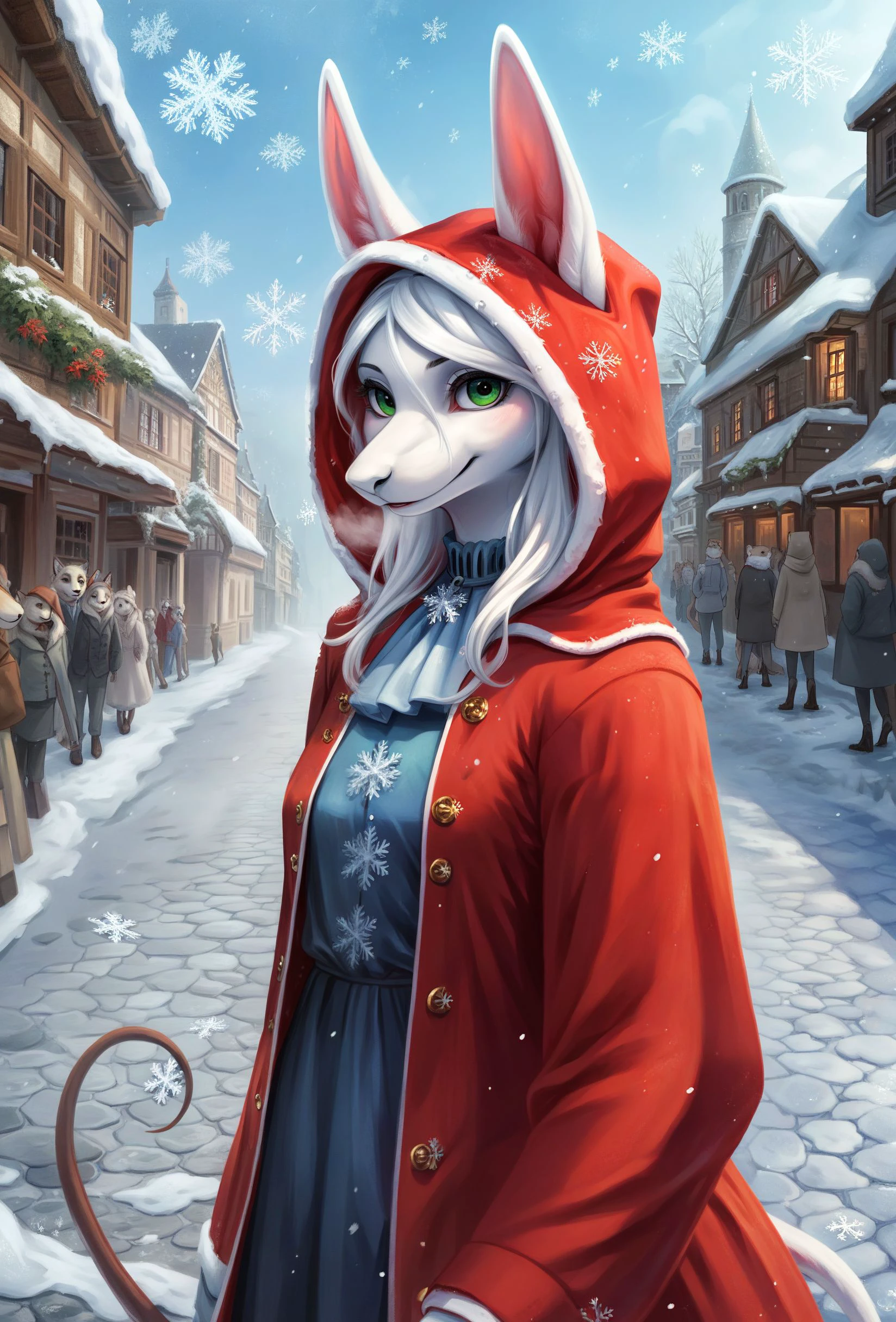 <lora:Freya1:0.9>, score_9, score_8_up, score_7_up, score_6_up, score_5_up, score_4_up, 1girl, highly detailed, fine glossy colored sketch,intense gaze, in winter garden, snowing, high quality,
BREAK, FreyaC, white fur, white hair, green eyes, looking at viewer, small breasts, (motherly:1.2), tail, happy, fluffy, winter coat, red cloak, wool, (hooded, wearing hood:1.2), warm clothing, composed, regal, elegant, classy, breath, shapely, ears,
BREAK, (snowflakes, snowfall:1.2), day, winter village, detailed background, sharp lighting, outdoors, pedestrians, crowd, busy street, cobblestone, medieval times, <lora:xl_more_art-full_v1:1>, <lora:add-detail-xl:1>,