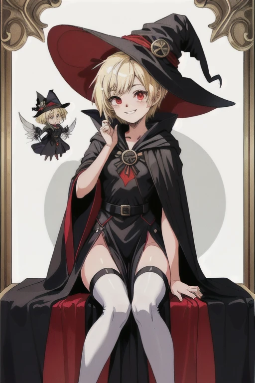 Mavis Wanzeki(young female **** witch, mischievous smile, blonde pixie-cut hair, small frame, small bust, red eyes, round face) wearing(tight black witch robes, Small witch hat)