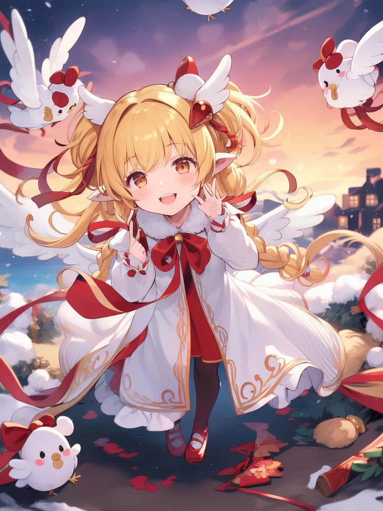 <lora:Mahira:0.8>,Mahira, 1girl, blonde hair, harvin, long hair, looking at viewer, solo, open mouth, smile, bird, braid, blush, ribbon, bangs, wings, red footwear, pantyhose, dress, animal ears, hair ornament, :d, shoes, chicken, white dress, red ribbon, pointy ears, sunset, outdoor,
masterpiece, high quality, very_high_resolution, large_filesize, full color,