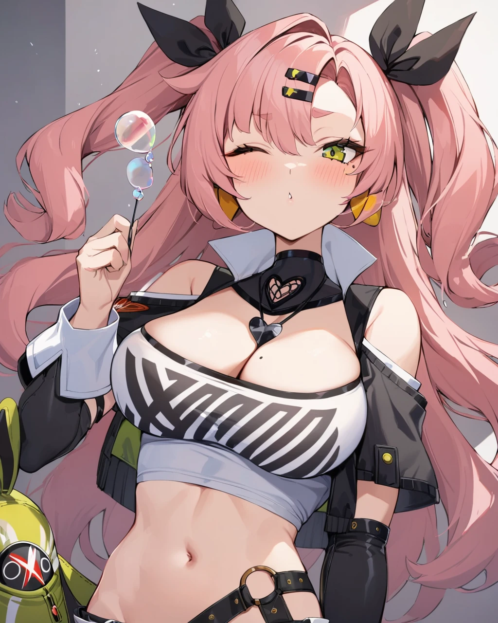 best quality, masterpiece,  <lora:nicole_demara:1>,bare_shoulders, long_sleeves, upper_body, midriff, blowing_bubbles, solo, large_breasts, highres, black_ribbon, mole_under_eye, hairclip, nicole_demara, shoulder_cutout, cleavage, commentary_request, navel, 1girl, hair_ribbon, bangboo_\(zenless_zone_zero\), stomach, crop_top, tube_top, looking_at_viewer, two_side_up, one_eye_closed