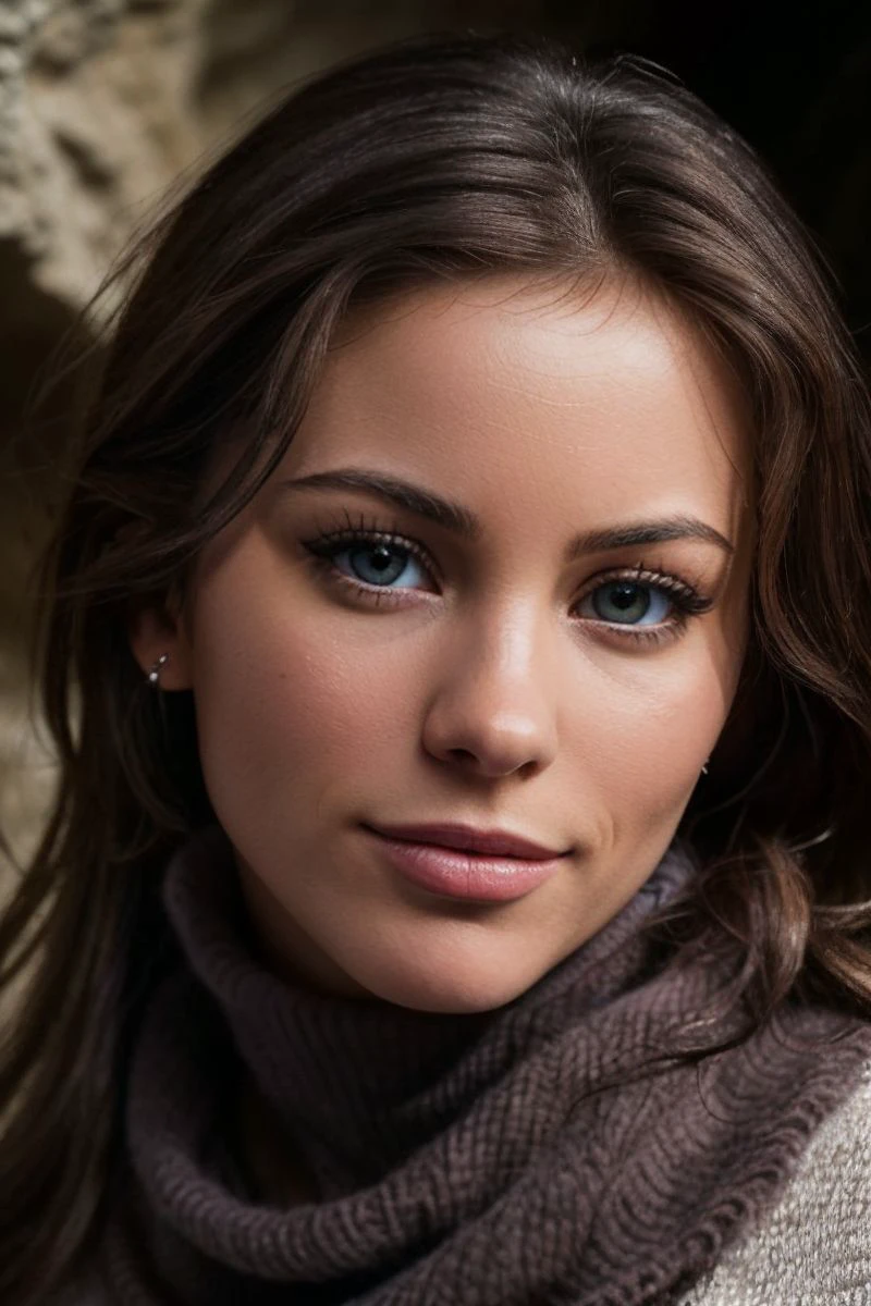 headshot of S353_KylaCole,a gorgeous woman,in a (cave:1.1),wearing a (cowlneck:1.1),(4k, RAW photo, best quality, depth of field, ultra high res:1.1),(absurdres, intricate, photorealistic, masterpiece, ultra-detailed:1.1),
