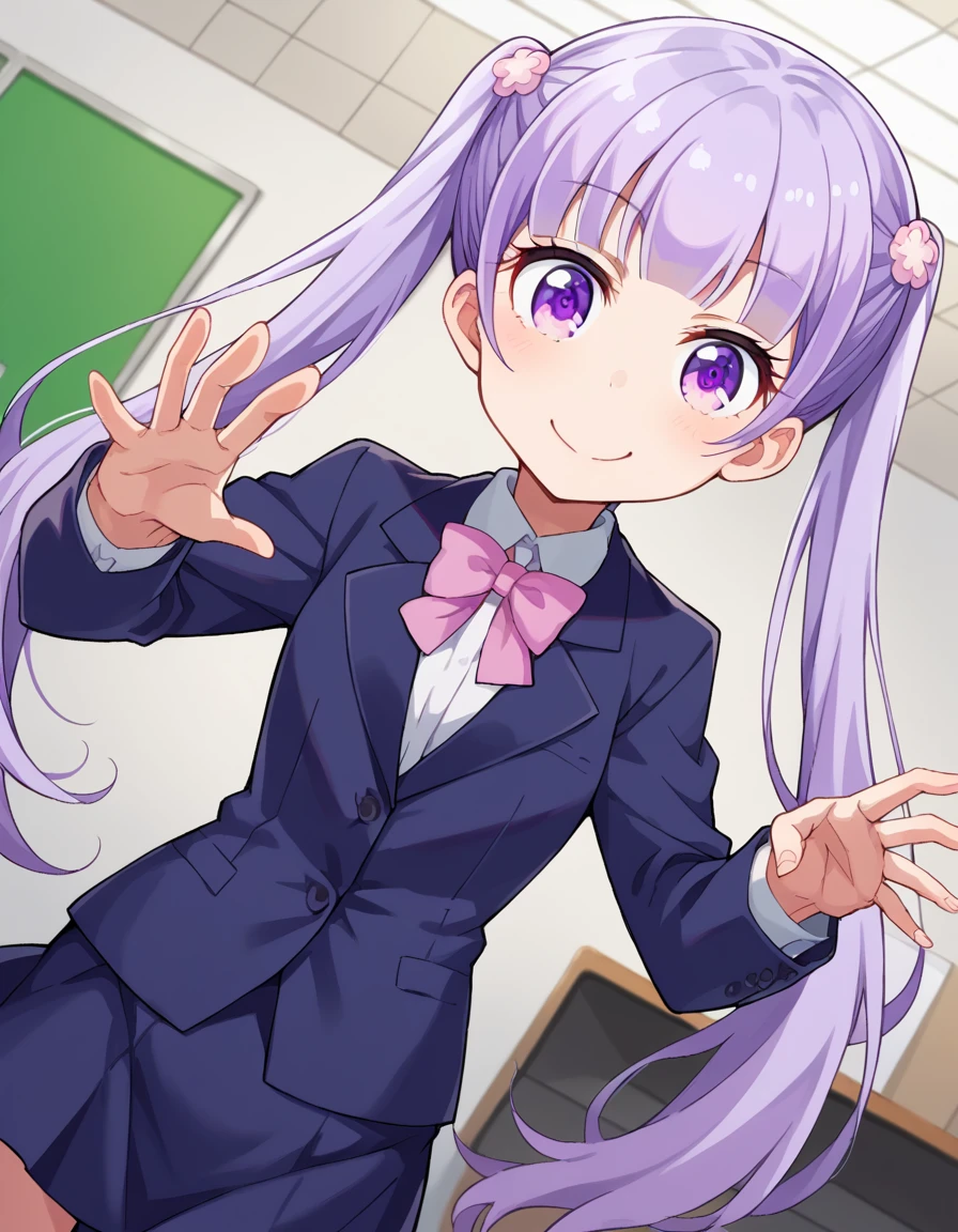 score_9, score_8_up, score_7_up, source_anime,
aobasuzukaze, <lora:aoba-suzukaze-ponyxl-lora-nochekaiser:1>,
aoba suzukaze, eyebrows, hair ornament, long hair, purple eyes, purple hair, twintails, smile,
blue skirt, bow, bowtie, business suit, dress shirt, formal, neck ribbon, pink bow, pink bowtie, pink ribbon, ribbon, shirt, skirt, skirt suit, suit, white shirt,
indoors, office,
looking at viewer, dutch angle, cowboy shot, dynamic pose,