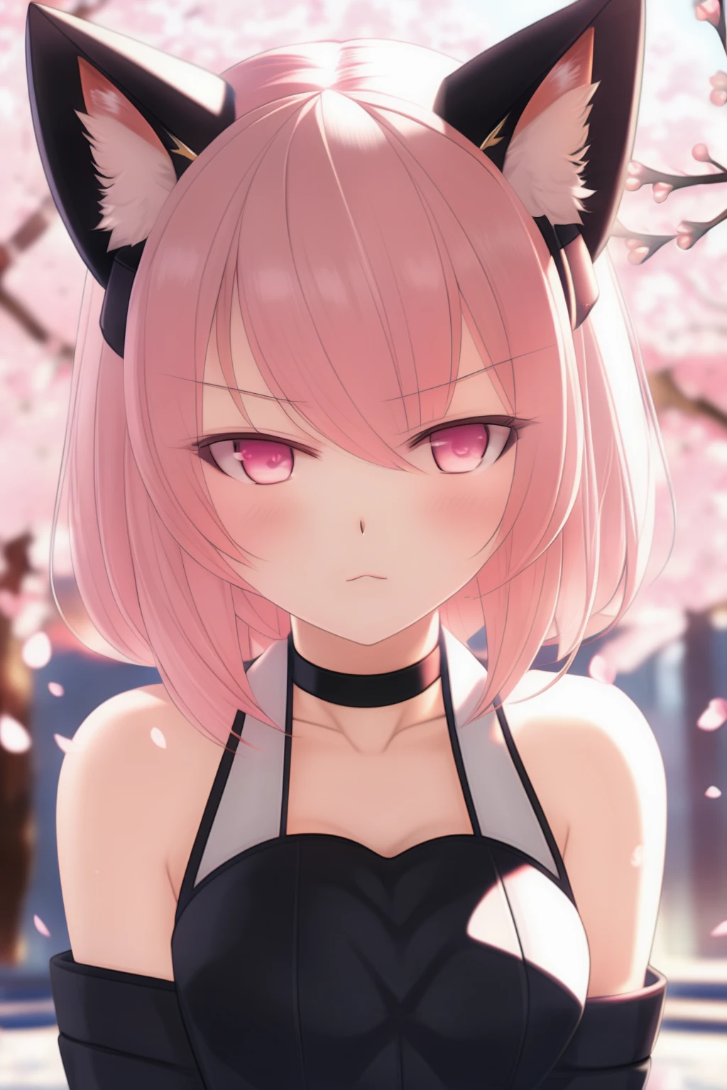 (extremely aesthetic, best quality, newest), 1girl, solo, cat ears, looking at viewer, blush, angry, pov, cherry blossoms, rim lighting, depth of field,