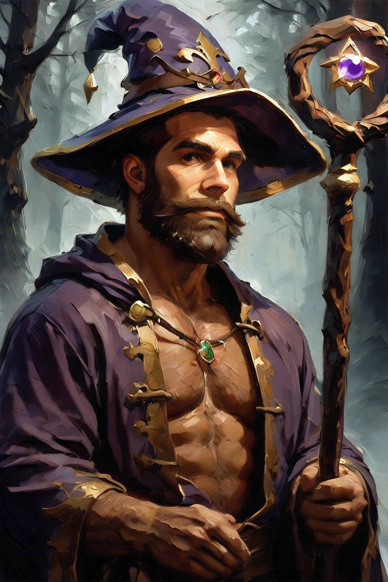 score_9, score_8_up, score_7_up, 1boy, solo, male focus, mature male, wizard, long hair, brown hair, black eyes, looking at viewer, hat, facial hair, beard, mustache, staff, wizard hat, purple hat, robe, purple robe, cloak, holding, holding staff, upper body, standong, outdoors, forest, nature, tree, fog, dark background <lora:Palette Knife Painting Style LoRA_Pony XL v6:1>