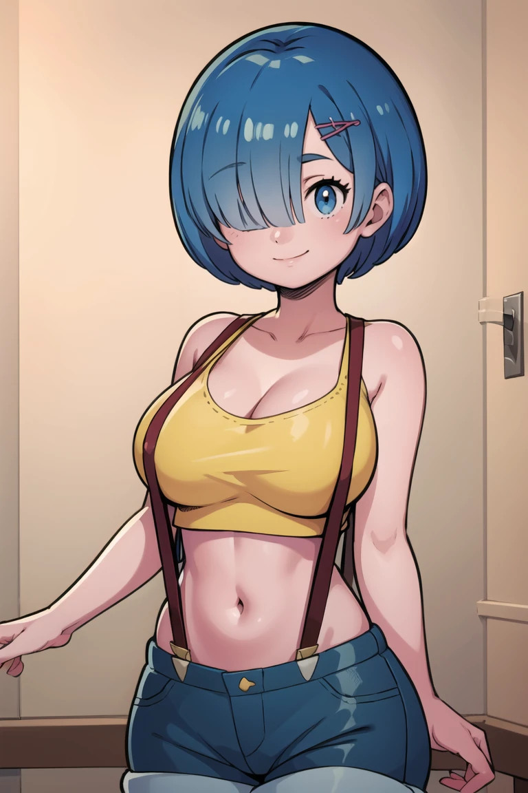 ((masterpiece,best quality)), absurdres, <lora:Misty_Pokemon_Cosplay_v3:0.8>,  misty (pokemon) (cosplay), yellow crop top, suspenders,((masterpiece,best quality)), aarem, short hair, hair over one eye, large breasts, cleavage, <lora:rem_v1:0.8>, cowboy shot, smile,