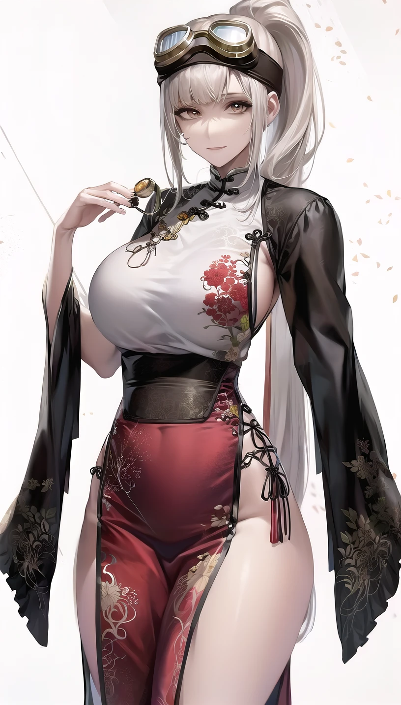 goggles, 
(chinese clothes:1.28),
light smile, closed mouth, 
lady,mature female, cowboy shot,
(white background, simple background:1.18),
highres,official art,original,masterpiece,best quality,
(large breasts),
 <lora:Vanilla:1>