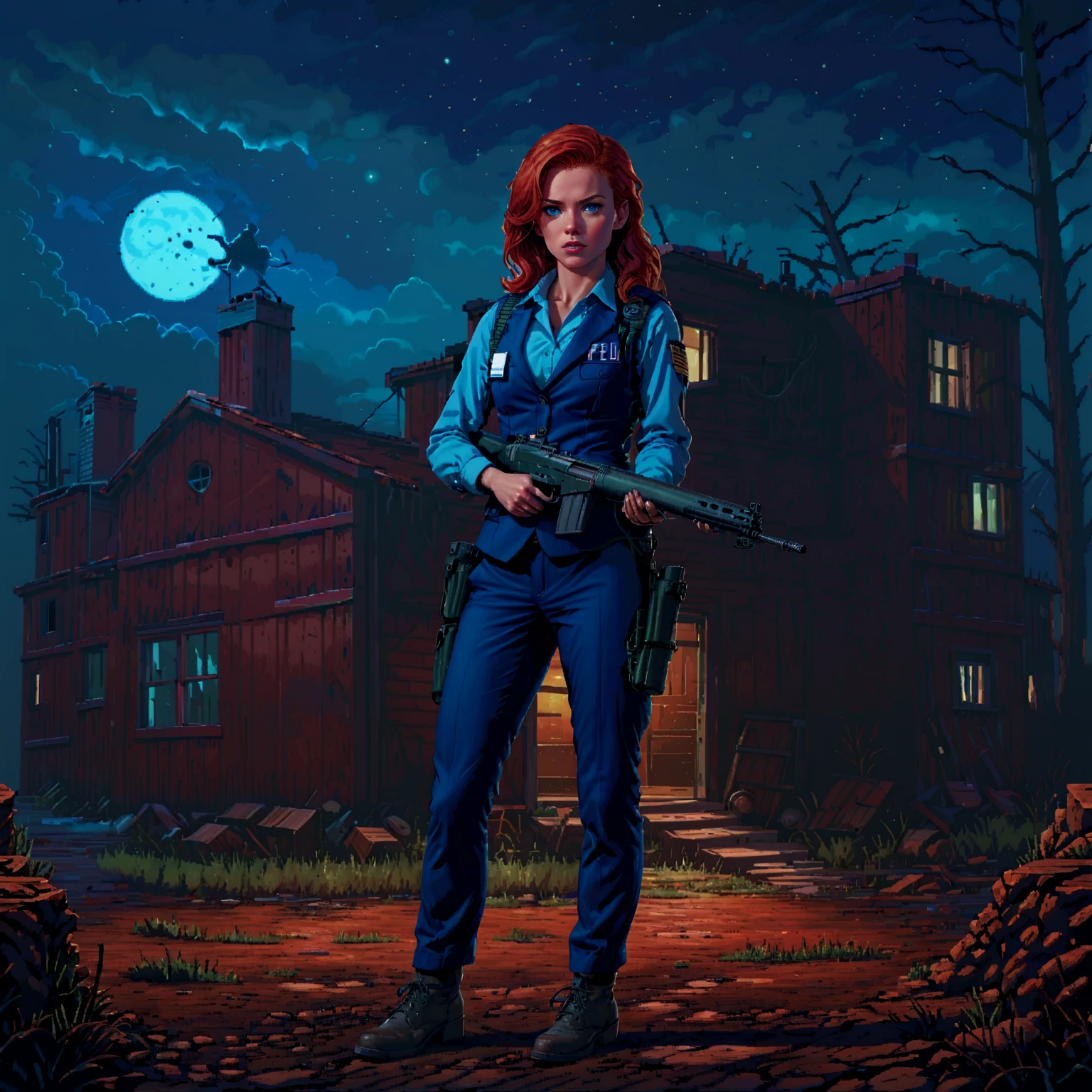 a female FBI agent holding fnfalrfl rifle outside of a remote farm in mid-west america at night, spooky, horror_(theme), strange glow, red hair, blue suit, bulletproof vest, fnfalrfl,