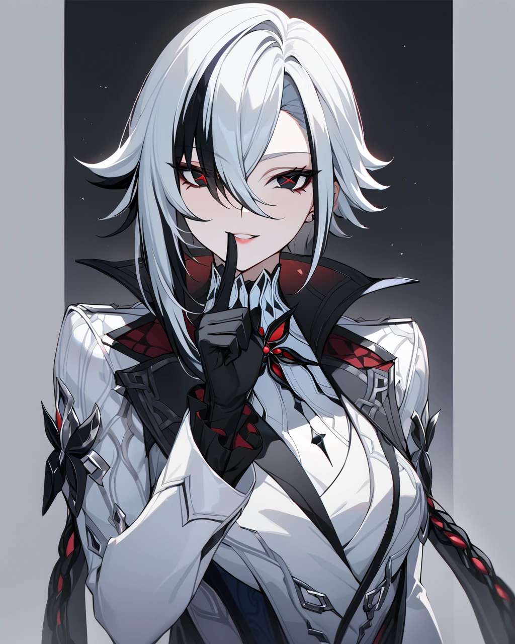 best quality, masterpiece,lora:arlecchino_new:1>ï¼parted_lips, sidelocks, turtleneck, black_gloves, x-shaped_pupils, :d, looking_at_viewer, simple_background, highres, english_commentary, finger_to_mouth, index_finger_raised, solo, grey_background, 1girl, arlecchino_\(genshin_impact\), long_sleeves, absurdres