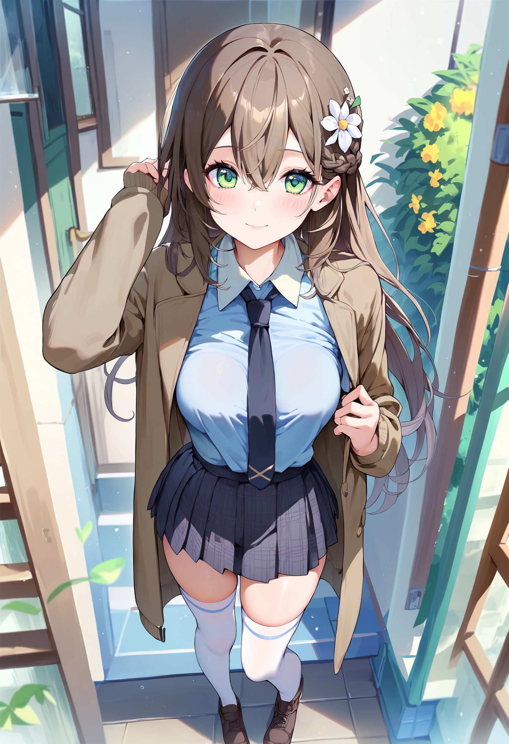 score_9,score_8_up,score_7_up,<lora:PDFA_Style7256193366v4:0.8>,1girl,solo,bangs,blush,smile,looking at viewer,indoors,:d,black footwear,black necktie,black skirt,braid,breasts,brown footwear,brown hair,brown shirt,brown jacket,collared shirt,dress shirt,flower,green eyes,hair between eyes,hair flower,hair ornament,hand up,jacket,long hair,long sleeves,medium breasts,miniskirt,necktie,plaid,plaid skirt,pleated skirt,shirt,shoes,skirt,sneakers,standing,thighhighs,white thighhighs