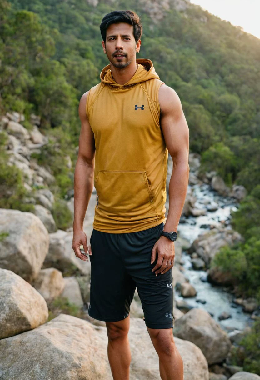 photo of Kal Penn a man <lora:Dev-Adhikari_Kal-Penn:0.7>, wearing a sleeveless well-fitted under armour hoodie and compression shorts, standing on a boulder, outdoor trail, 35mm photograph, film, bokeh, professional, 4k, highly detailed, creek in the background, natural lighting, golden hour