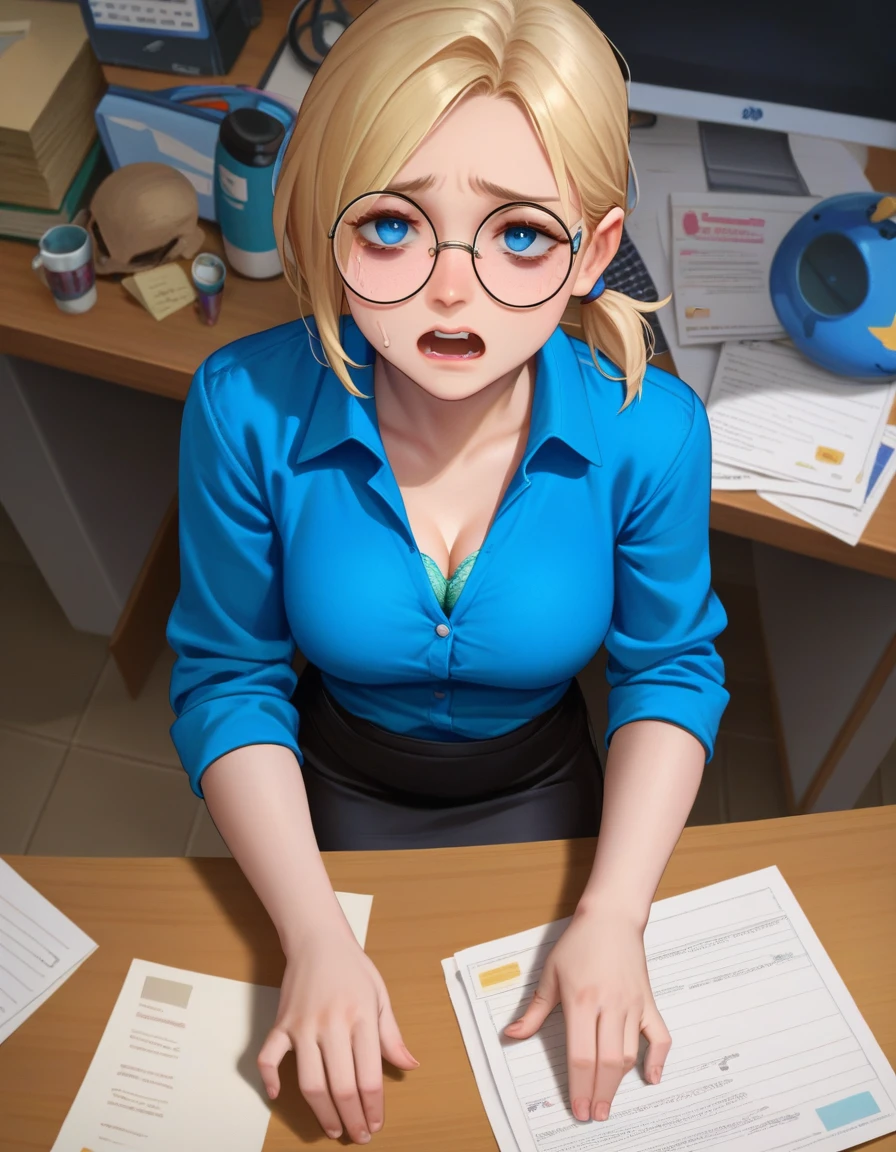 score_9, score_8_up, score_7_up, score_6_up, score_5_up, score_4_up, a girl is on office desk talking with a salaryman, 1gir, 1boy, blonde, round eyewear, short low ponytail, hair between eyes, blue eyes, large breasts, pencil skirt, blue shirt,button gap, bra, sleepy, nervous sweating, open mouth, from above, paper stack