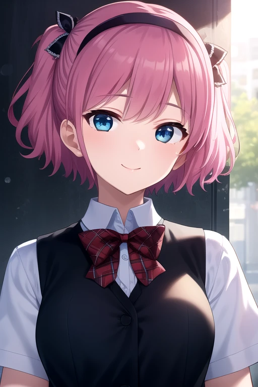 ((masterpiece)),(best quality),official art,extremely detailed CG,unity 8k wallpaper,ultra detailed,beautiful detailed eyes,extremely detailed face,1girl,solo,outdoors,upper body,(portrait:1.5),looking at viewer,facing viewer,smile,nubile,Komine Sachi,short hair,hairband,hair ribbon,plaid ribbon,hair bow,black bow,pink hair,sidelocks,side swept bangs,blue eyes,school uniform,black vest,buttons,red bowtie,plaid bowtie,collared shirt,white shirt,short sleeves,large breasts,black skirt,white thighhighs,lace-trimmed legwear,garter straps,loafers,<lora:Komine Sachi(gk)>,