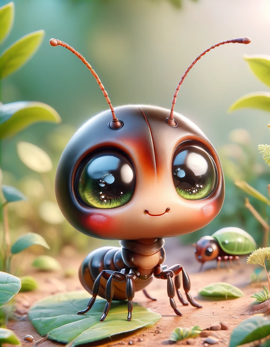 A hyper-realistic, small, and cute chibi-style insect character designed like a ant, the insect has exaggerated large eyes <lora:ral-smolinzect:1> ral-smolinzect