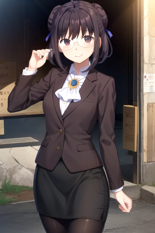 ((masterpiece)),(best quality),official art,extremely detailed CG,unity 8k wallpaper,ultra detailed,beautiful detailed eyes,extremely detailed face,1girl,solo,outdoors,cowboy shot,looking at viewer,facing viewer,smile,nubile,Tachibana Chizuru,ahoge,short hair,black hair,single hair bun,doughnut hair bun,hair intakes,bangs,glasses,brown eyes,suit,formal,white ascot,jewelry,brooch,brown jacket,white shirt,medium breasts,black skirt,pencil skirt,black pantyhose,high heels,<lora:Tachibana Chizuru(gk)>,