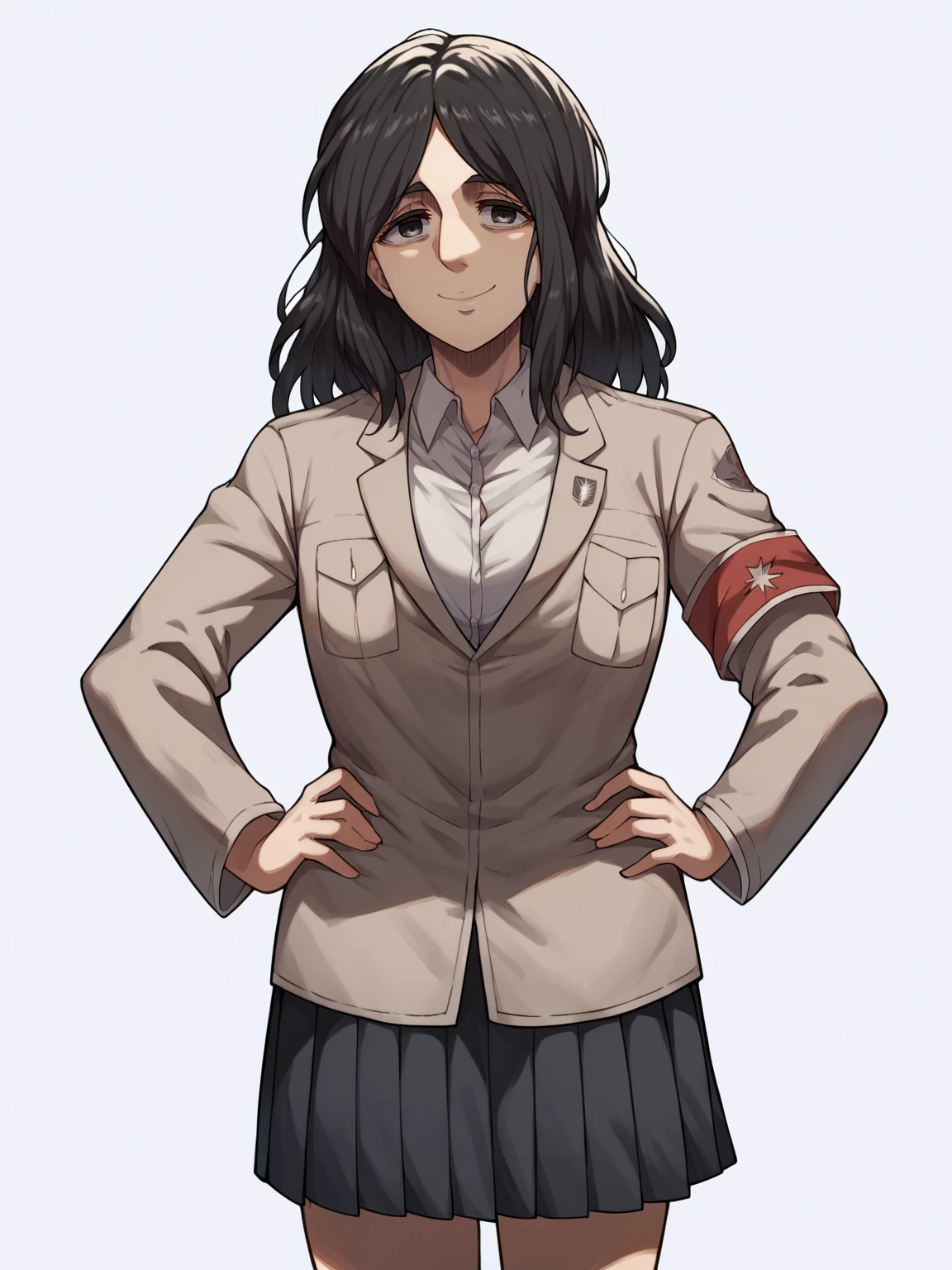 score_9, score_8_up, score_7_up, score_6_up, score_5_up, score_4_up, BREAK, source_cartoon, source_anime,
1girl, pieck, pieckeldian, black hair, long hair, black eyes, armband, boots, breast pocket, brown jacket, long pleated skirt, closed mouth, collared shirt, long sleeves,
hands on hips, standing, smile, looking at viewer, solo, simple background, white background <lora:PieckXL:1>