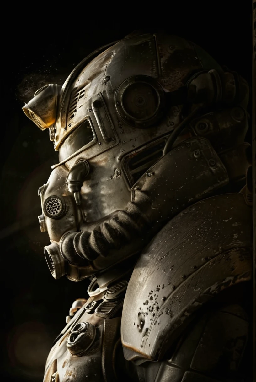 Power Armour, T-60, solo, 1boy, male focus, from side, mask, helmet, black background, portrait, 1other, science fiction, realistic, gas mask, tube
[reflections, realistic lighting, light rays, beams of light, realistic, high quality photo, 4k, 7-dune]
<lora:add-detail-xl:0.5>  <lora:Power Armour v1.0:0.8> <lora:Dune Style v1.0:0.4>