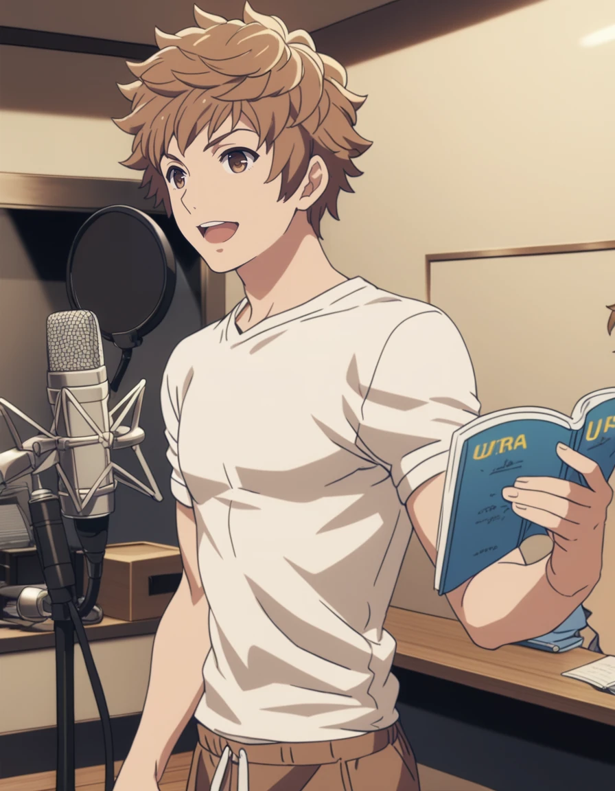 1boy,
gran \(granblue fantasy\), granblue fantasy,
casual wear,
<lora:voiceactorXL2:0.8>,voiceactor,
smile,open mouth,
studio microphone,microphone stand,recording studio,holding book,folding chair,
masterpiece, best quality, ultra detailed, highres,4k,(ultra-detailed:1.4) (illustration:0.5), (ray tracing,:0.8),(anime colored:0.7),(ai-generated:0.5),