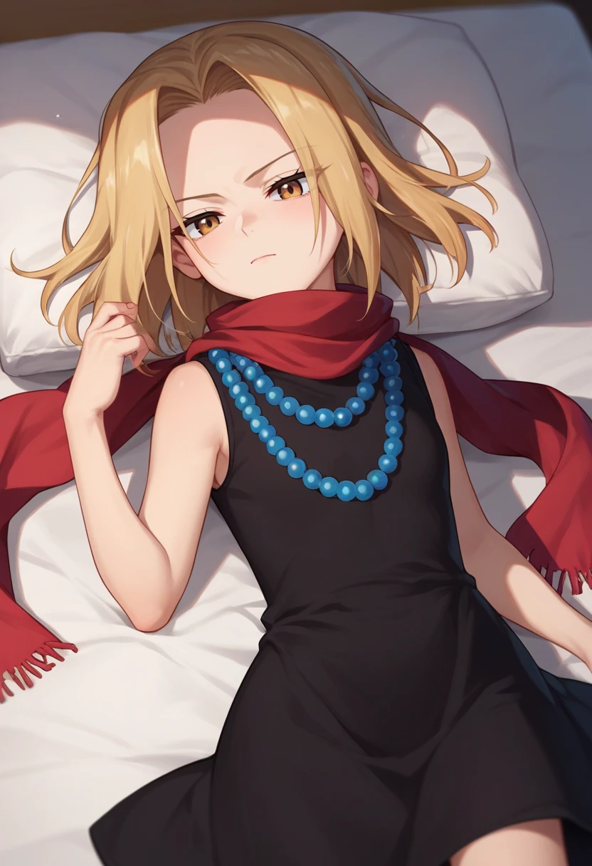 score_9, score_8_up, score_7_up, source_anime, kyouyama anna, blonde hair, short hair, brown eyes, black dress, bead necklace, red scarf, on back, bed, <lora:Anna kyouyama-000008:1>