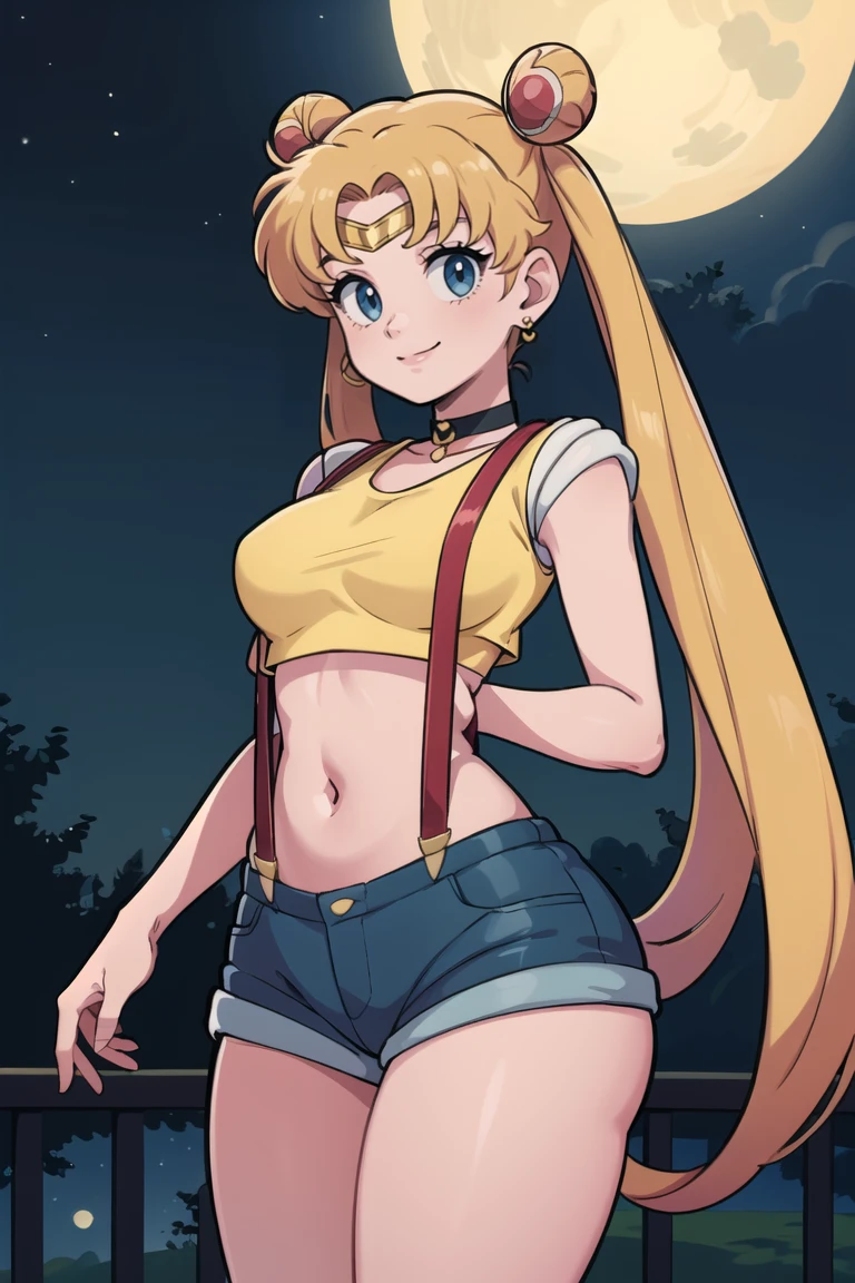 ((masterpiece,best quality)), absurdres, <lora:Misty_Pokemon_Cosplay_v3:0.8>,  misty (pokemon) (cosplay), yellow crop top, suspenders,((masterpiece,best quality)), 1girl, aausagi, double bun, twintails, parted bangs, circlet, jewelry, earrings, choker, <lora:sailor_moon_v1:0.7>, standing, cowboy shot, night, outdoors, moon, smile,