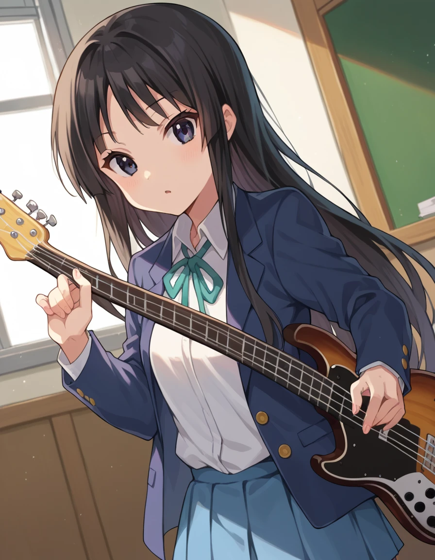 score_9, score_8_up, score_7_up, source_anime,
mioakiyama, <lora:mio-akiyama-ponyxl-lora-nochekaiser:1>,
mio akiyama, long hair, bangs, black hair, black eyes, hime cut,
sakuragaoka high school uniform, school uniform, uniform, blazer, shirt, white shirt, collared shirt, skirt, pleated skirt,
indoors, classroom,
looking at viewer, dutch angle, cowboy shot, dynamic pose, guitar, bass, guitar case,