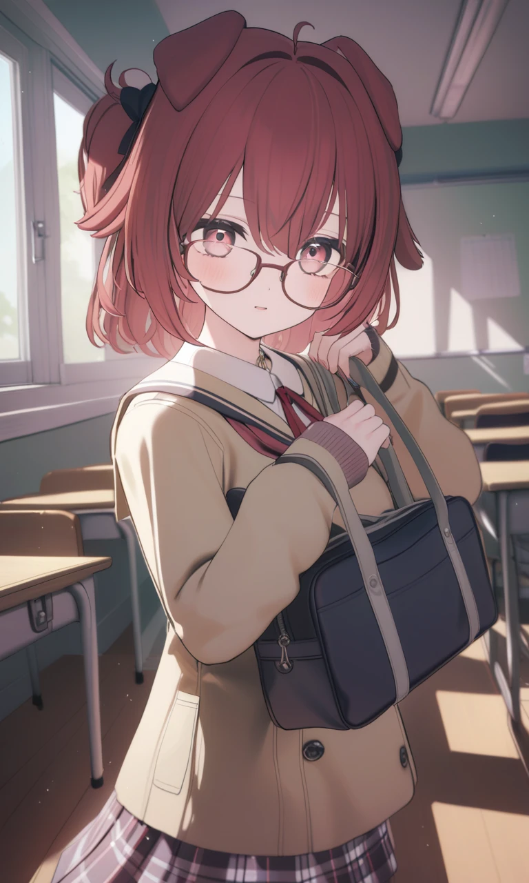 1girl,school uniform,school bag,red hair,glasses,classroom,pastel colors,(gradient background:0.6),light particles,newest,medium quality,general,masterpiece, <lora:binaco_v0.2:1>