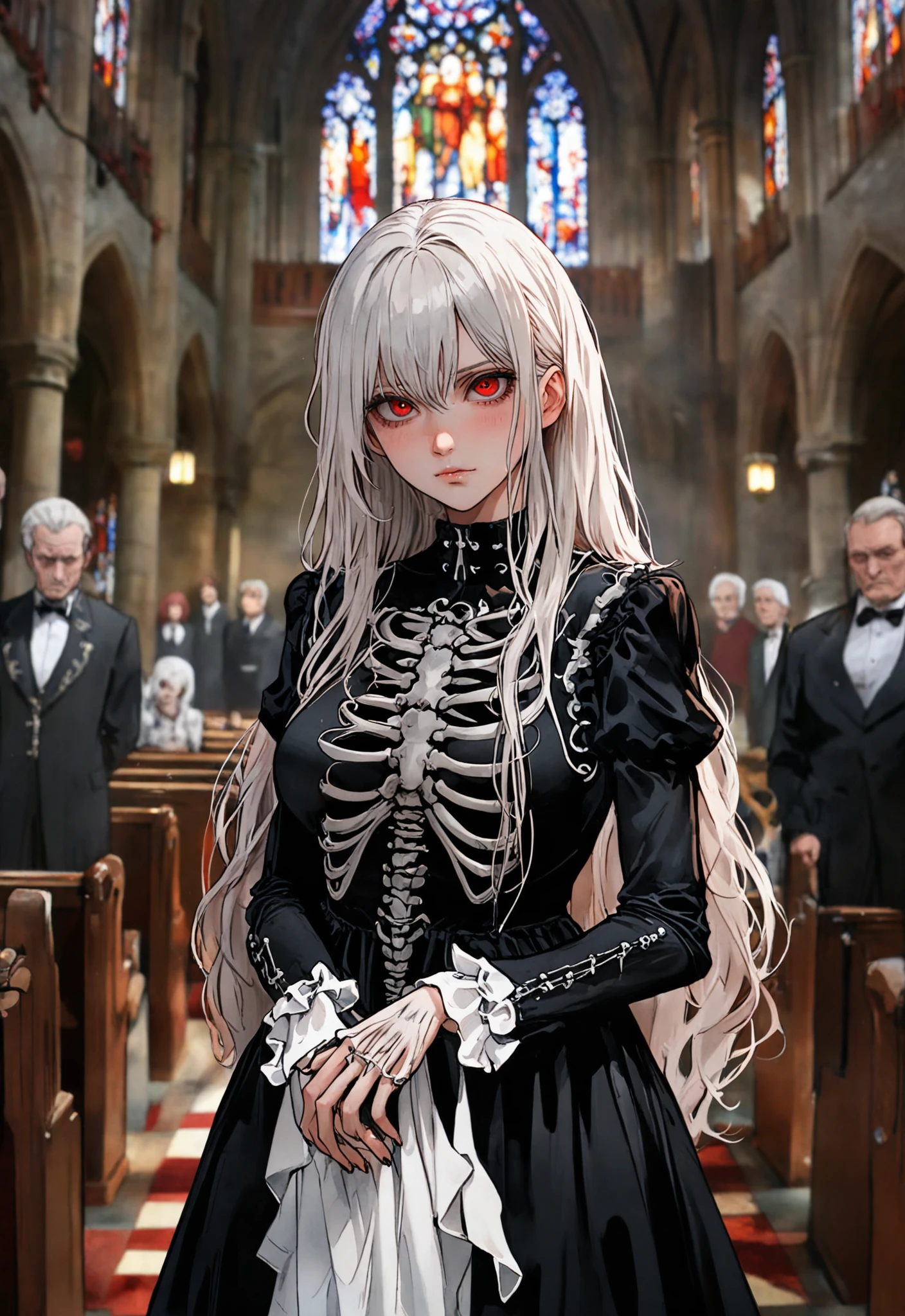 (80s anime style), cinematic lighting, best quality,single_human_girl,upper_body,extremely_detailed_eyes_and_face,church,annoyed,ink,illustration,depth of field,frown,expression,red_eyes,white_hair,extremely detailed,watercolor,anime face,skull_on_dress,yokozuwari,detailed_skeleton_church,beautiful_detailed_black_gothic_Empire_Waist_Dress,dramatic_angle,medium_breast,8k_wallpaper,bright_eyes, looking_at_viewers,close_to_viewers,masterpiece,messy_long_hair,1girl,lens_flare,light_leaks