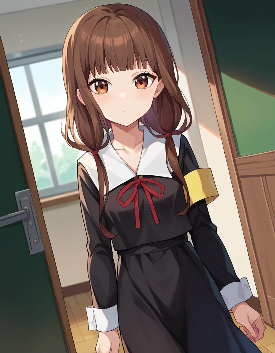 score_9, score_8_up, score_7_up, source_anime,
mikoiino, <lora:miko-iino-ponyxl-lora-nochekaiser:1>,
miko iino, blunt bangs, brown eyes, brown hair, hair tie, long hair, low twintails, red ribbon, ribbon, twintails,
long sleeves, dress, ribbon, school uniform, collarbone, black dress, sailor collar, white sailor collar, red ribbon, neck ribbon, shuuchiin academy school uniform, armband,
indoors, classroom, hallway,
looking at viewer, dutch angle, cowboy shot,