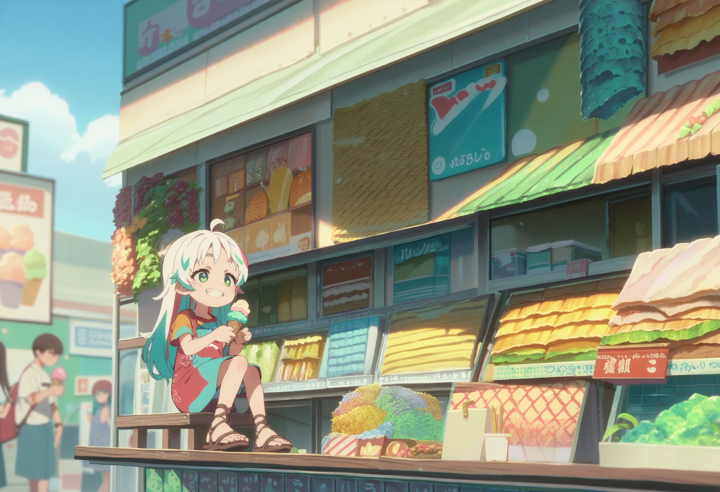 (score_9:1.1),score_8_up,score_7_up,score_6_up,source_anime,anime screencap,<lora:CoMix_BGXL_V2:1>,child,1girl,from side,close-up,grin,sitting,multicolored dress,multicolored hair,long hair,holding ice cream,green eyes,store,food,full body,sandals,