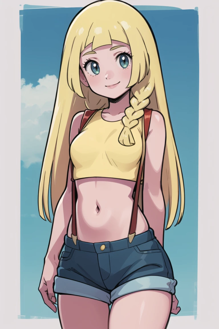 ((masterpiece,best quality)), absurdres, <lora:Misty_Pokemon_Cosplay_v3:0.8>,  misty (pokemon) (cosplay), yellow crop top, suspenders,((masterpiece,best quality)), aalillie, long hair, braid, <lora:lillie_(pokemon)_v1:0.7>, smile, cowboy shot