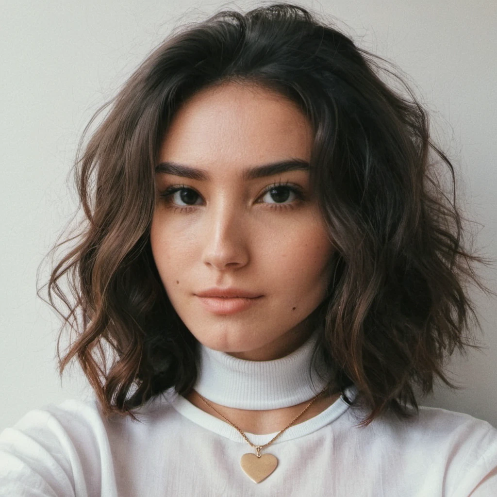 <lora:marzhang_xl_1_standard_wo_cap_merger_26_44_75_05_03_02:1> Looking straight at the camera, Film grain, skin texture, Instagram closeup selfie of a woman with beautiful wavy hair wearing a heart necklace,f/1.8,wearing a tutleneck shirt,