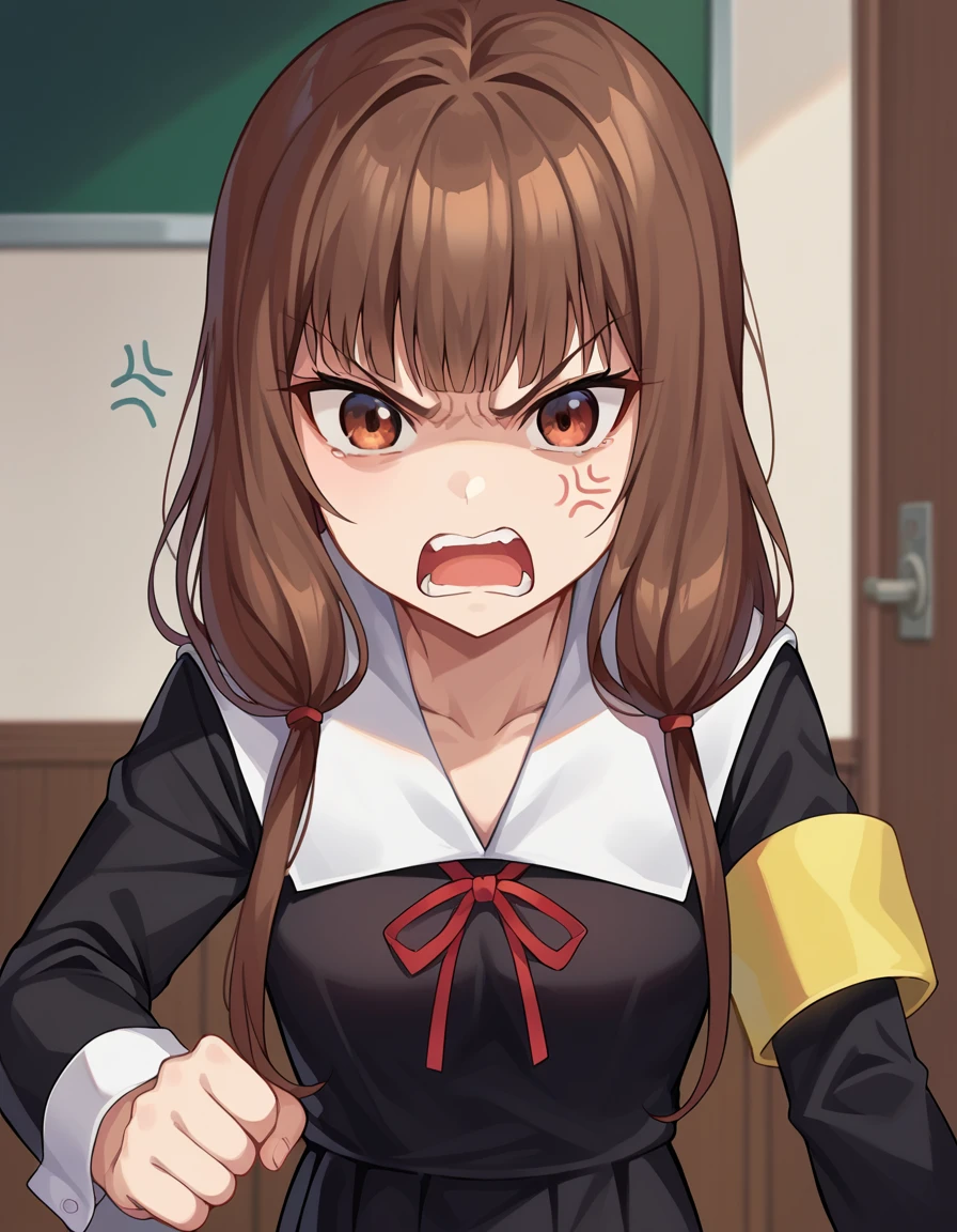 score_9, score_8_up, score_7_up, source_anime,
mikoiino, <lora:miko-iino-ponyxl-lora-nochekaiser:1>,
miko iino, blunt bangs, brown eyes, brown hair, hair tie, long hair, low twintails, red ribbon, ribbon, twintails, angry, shouting, anger vein,
long sleeves, dress, ribbon, school uniform, collarbone, black dress, sailor collar, white sailor collar, red ribbon, neck ribbon, shuuchiin academy school uniform, armband,
indoors, classroom, hallway,
looking at viewer, dutch angle, cowboy shot,