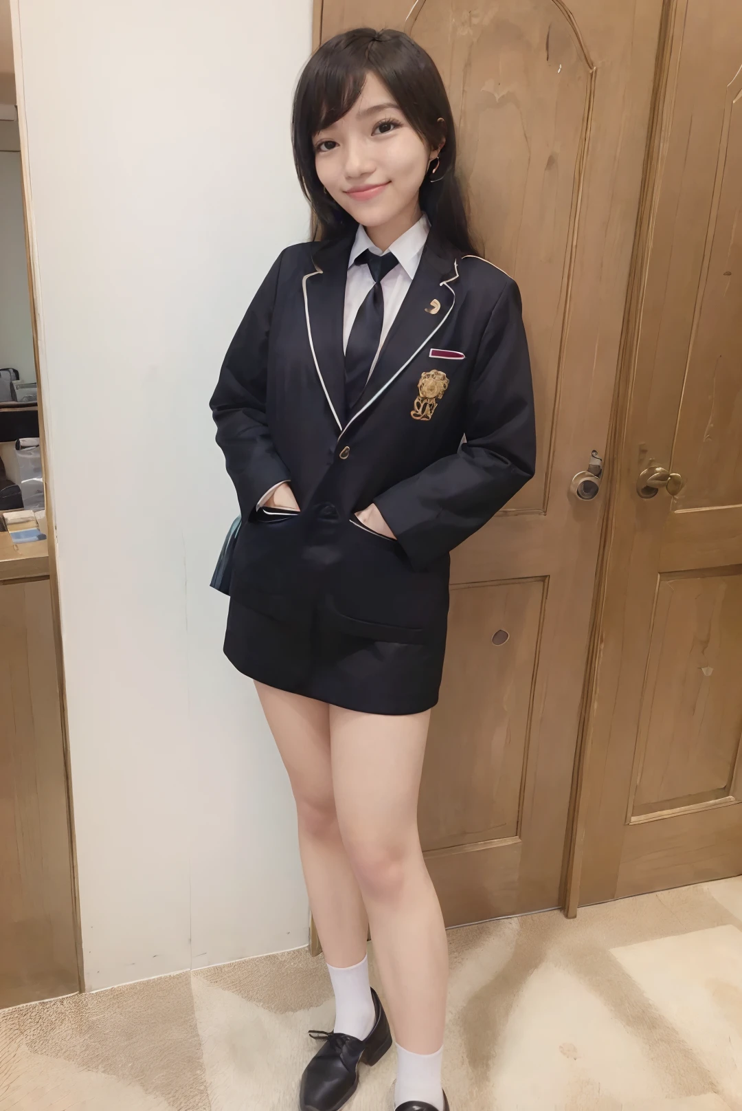 ((masterpiece)), ((best quality)), ((detailed)), ((realistic)), (1girl, solo:1.2, standing, arms at side), ((((full body:1.5), small breast:1.4, slender body:1.3, body height 150 cm, body weight 40 Kg, 21 years old, breast size 32D))), hyperdetailed, indoor, luxury office room, flirty expression, cute, a dashing collected professional beauty woman, woman, girl, Niken, short sleeved white shirt, black blazer, black skirt, black necktie, white socks, black loafers, black formal women's belt, dress politely and neatly, neat and formal appearance, tucked in, medium hair, hair parted at the back, ((formal attire)), beautiful smile, (formal pose:1.2), looking at camera, gold small earrings, gold watch, gold bracelet, young adult, indonesian, Indonesia, SFW, cosplay, whole body facing the camera, <lora:Javanese_Girl_V1_Retrained:0.8>