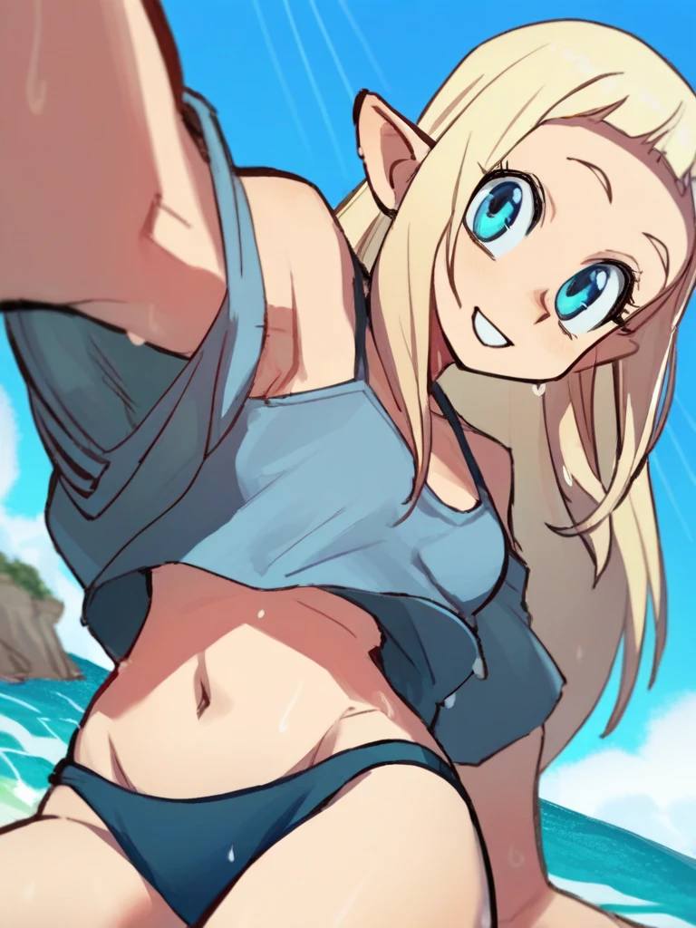 score_9, score_8_up, score_7_up, score_6_up, score_5_up, score_4_up, BREAK, source_cartoon, source_anime,
1girl, bakarajurgen, blonde hair, long hair, blue eyes, pointy ears, swimsuit, navel, midriff, wet, selfie,
smile, looking at viewer, solo, sea, blue sky, tropical island background <lora:BakaraJurgenXL:0.6> <lora:Hata4564XL:1>
