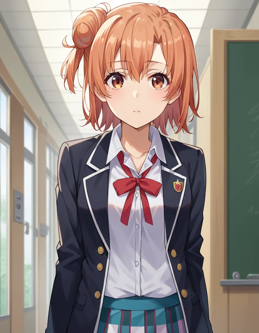 score_9, score_8_up, score_7_up, source_anime,
yuiyuigahama, <lora:yui-yuigahama-ponyxl-lora-nochekaiser:1>,
yui yuigahama, short hair, brown eyes, orange hair, hair bun, single hair bun,
skirt, shirt, ribbon, school uniform, jacket, white shirt, black jacket, blazer, sobu high school uniform,
indoors, classroom, hallway,
looking at viewer, dutch angle, cowboy shot,