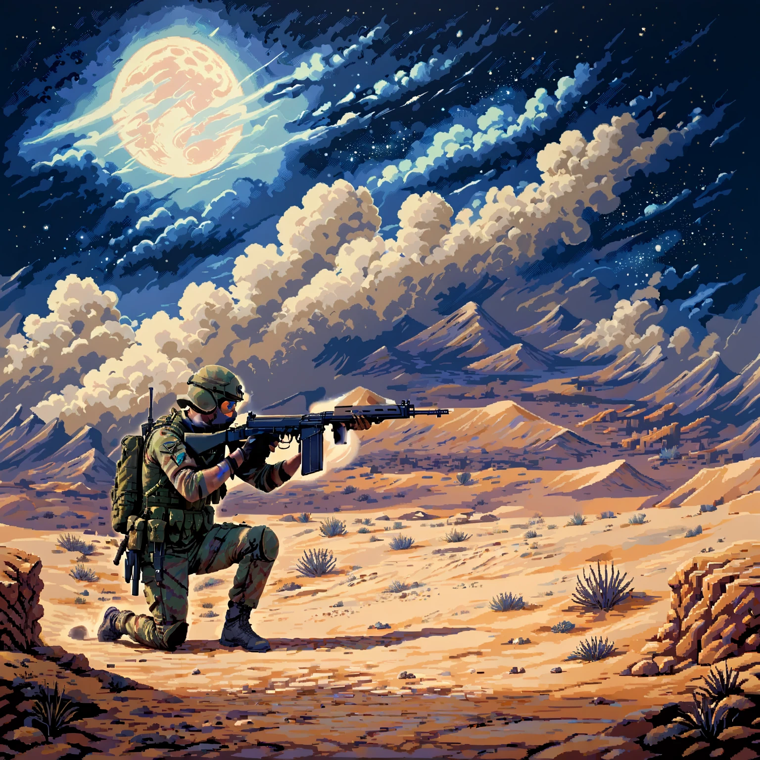 a british SAS soldier fires his rifle in the north african desert at night, moonlight, sand dunes, scrub, firefight, tracers, battle, stars, milky way, desert camouflage, fnfalrfl,