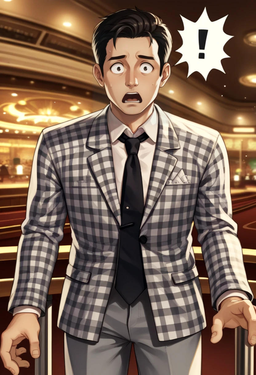 score_9, score_8_up, score_7_up, source_anime BREAK 1boy, solo, male focus, <lora:benny-fnv-richy-v1_pdxl:0.8> benny, black hair, short hair, checkered suit, black necktie, grey pants, indoors, casino, railing, standing, looking at viewer, surprised, shocked, post-apocalypse