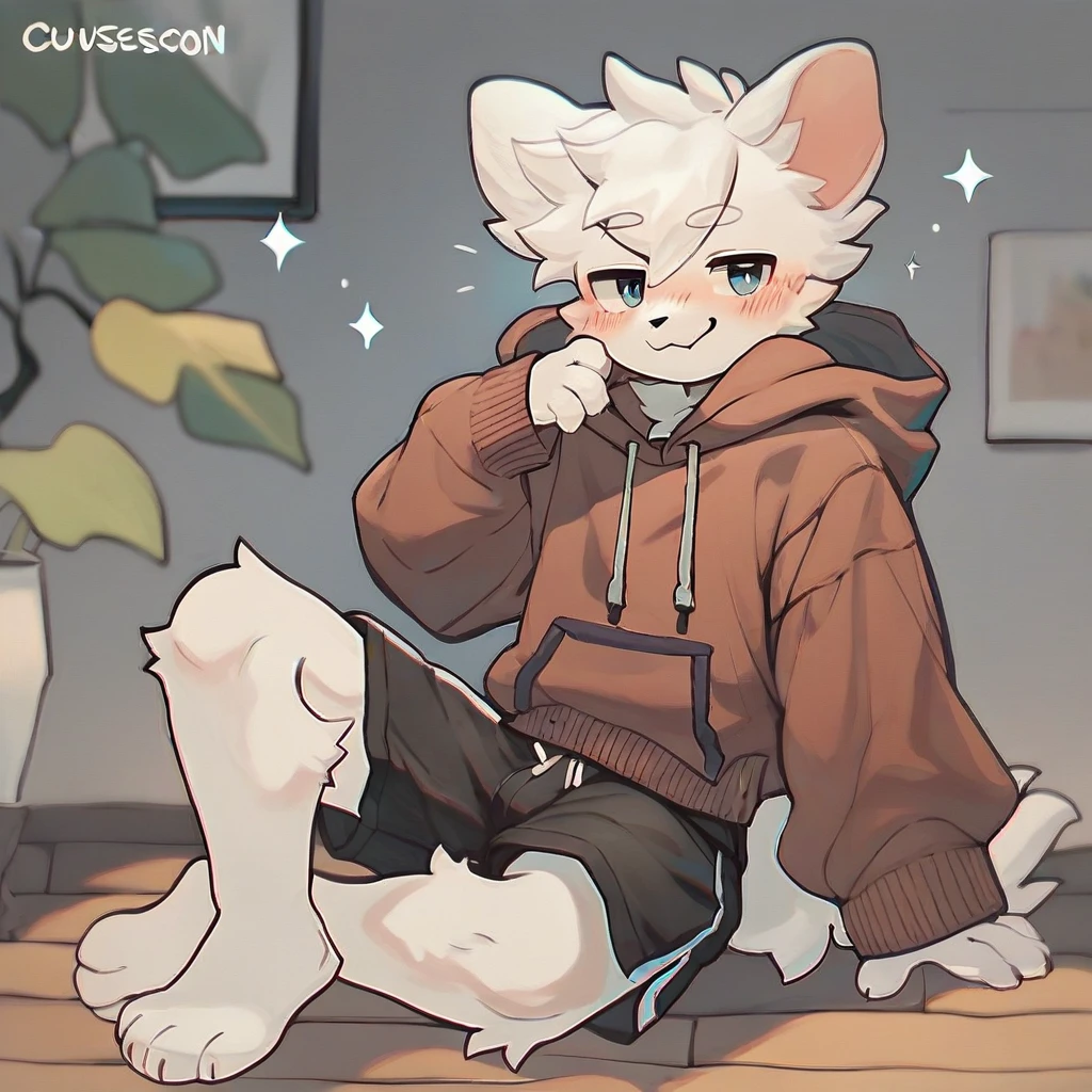 <lora:Boykisser SDXL:0.9>, score_9,score_8_up,score_7_up,score_6_up,score_5_up,score_4_up, solo anthro furry, boykisserfur, male, white fur, white ears, smug, blush, hoodie, shorts, full body
