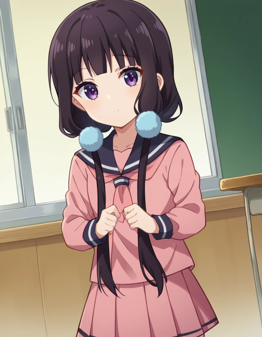 score_9, score_8_up, score_7_up, source_anime,
maikasakuranomiya, <lora:maika-sakuranomiya-ponyxl-lora-nochekaiser:1>,
maika sakuranomiya, long hair, black hair, hair ornament, twintails, purple eyes, low twintails,
skirt, shirt, long sleeves, school uniform, pleated skirt, serafuku, sailor collar, black socks, pink skirt, pink shirt,
indoors, classroom,
looking at viewer, dutch angle, cowboy shot,