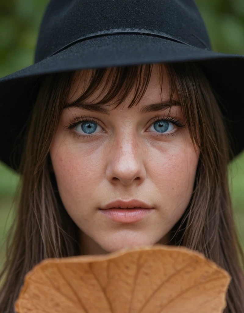 woman, close-up, blue eyes, leaf, concealed face, bangs, black hat, bokeh background, natural light, focused gaze, neutral expression, brunette, outdoors, mystery, portrait, shallow depth of field, eye contact, youthful, female, looking at camera, symmetry, clear skin, light brown hair, aesthetic, soft tones, Fujifilm XT3, Canon R5, Fujicolor Fujichrome Velvia 100