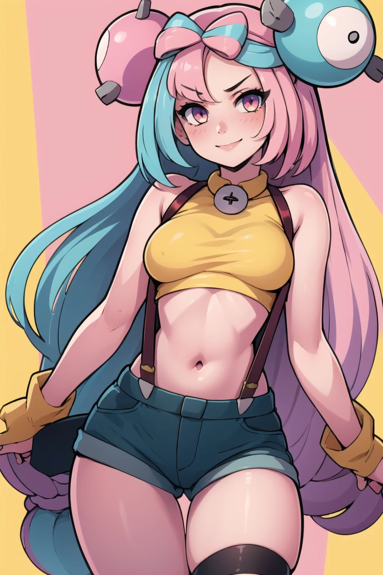 ((masterpiece,best quality)), absurdres, <lora:Misty_Pokemon_Cosplay_v3:0.8>, misty (pokemon) (cosplay), yellow crop top, suspenders, <lora:Iono_Pokemon_v2:0.8>, iono (pokemon), solo, 1girl, long hair, pink eyes, blue hair, pink hair, light blue hair, multicolored hair, bow-shaped hair, solo, smiling, looking at viewer, cowboy shot