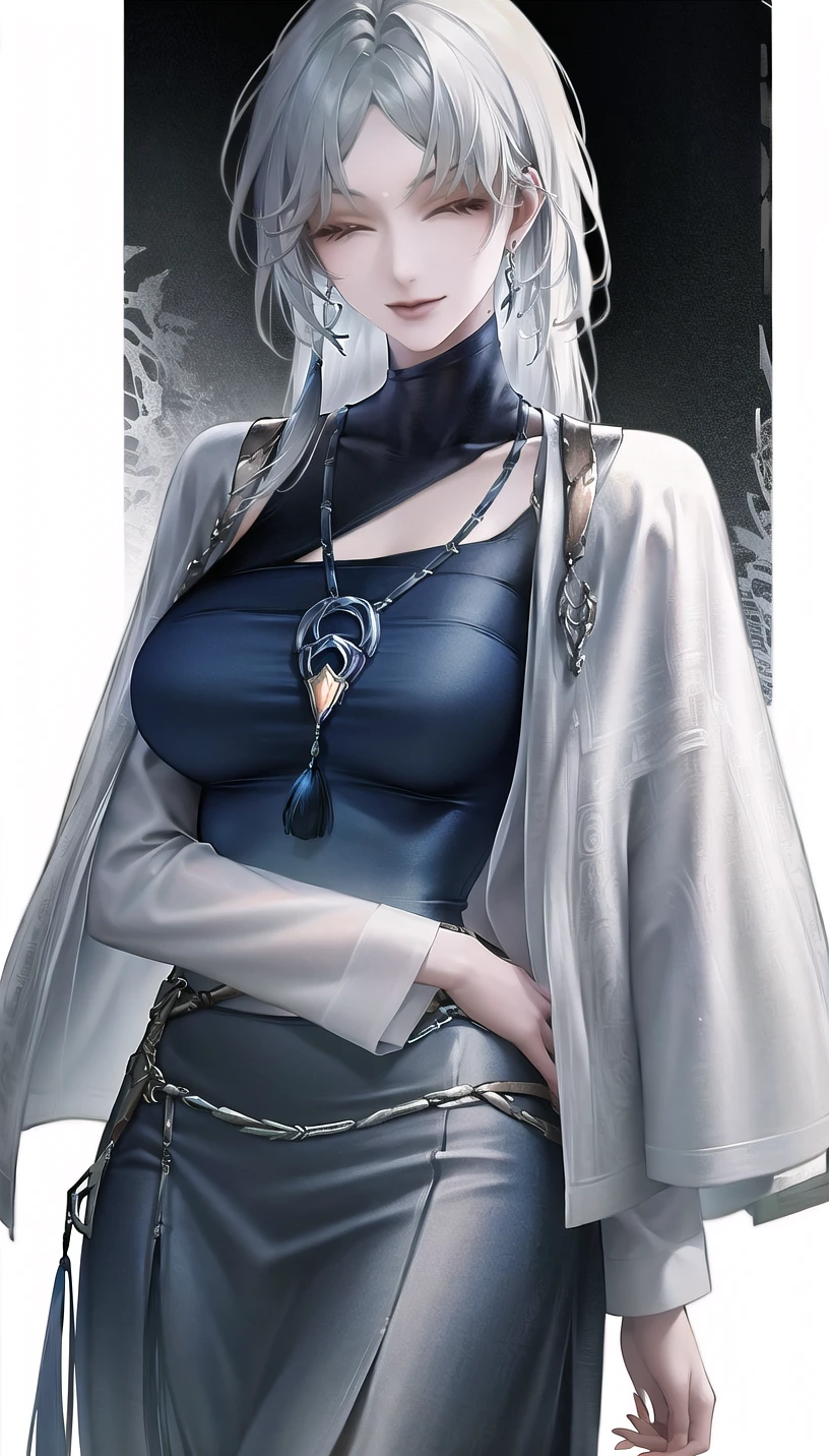 closed eyes,
high-waist skirt, open clothes, turtleneck,
lady,mature female, cowboy shot,
(white background, simple background:1.18),
highres,official art,original,masterpiece,best quality,
(large breasts),
<lora:Du Ruo:1>