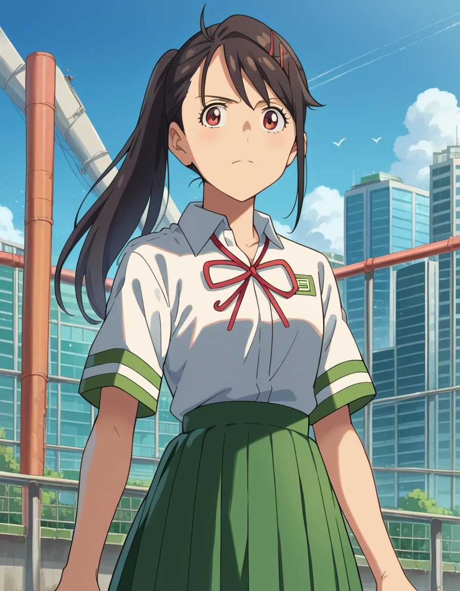 score_9, score_8_up, score_7_up, source_anime,
suzumeiwato, <lora:suzume-iwato-ponyxl-lora-nochekaiser:1>,
suzume iwato, long hair, black hair, hair ornament, brown eyes, hairclip, ponytail,
skirt, shirt, ribbon, school uniform, white shirt, red ribbon, green skirt, long skirt,
outdoors, cityscape,
looking at viewer, dutch angle, cowboy shot,