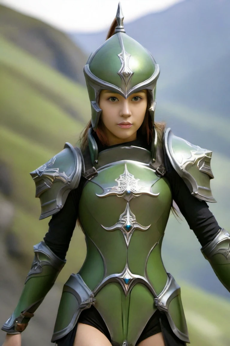 hxarmour,1 hin girl,(green armour:1.1),mountain,Facing forward,<lora:HXarmour_007XL:0.8>,